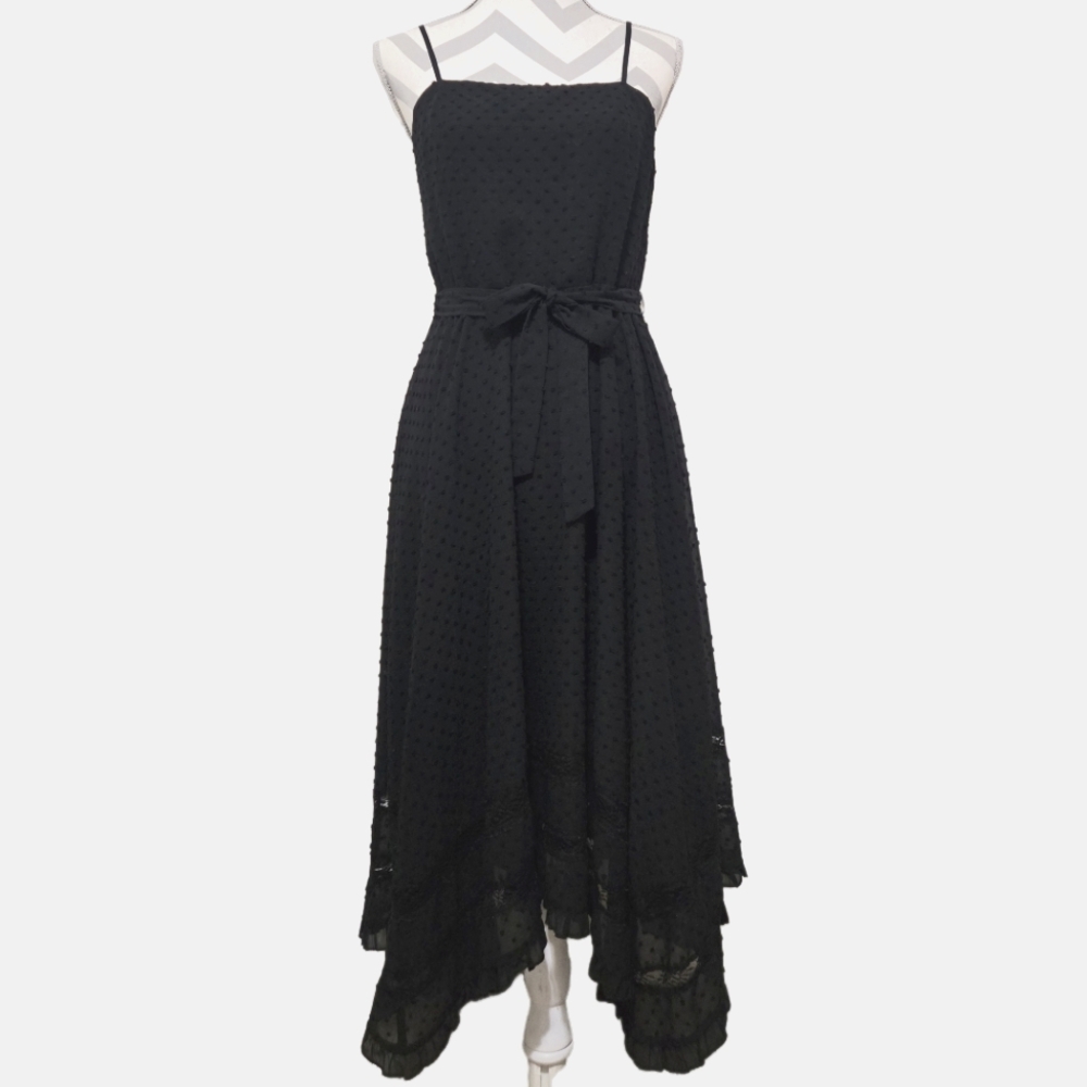 AQUA Black Midi Dress Swiss Dot Lace Inset Handkerchief Hem Tie Waist Small - Picture 1 of 15